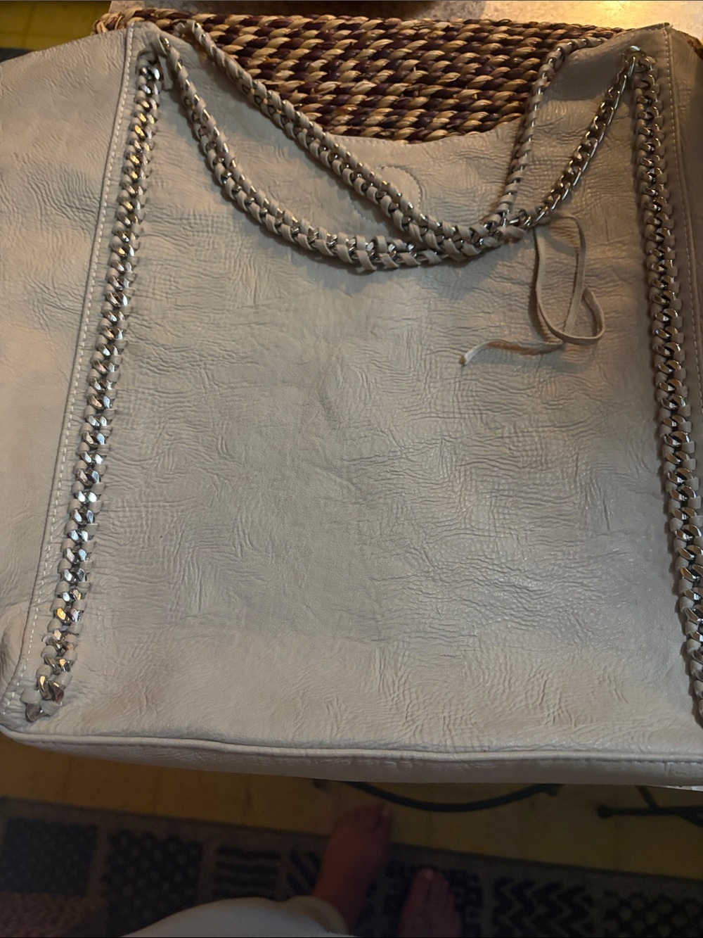 Stella M Cream Chain-Trim Tote Bag with Braided Handles